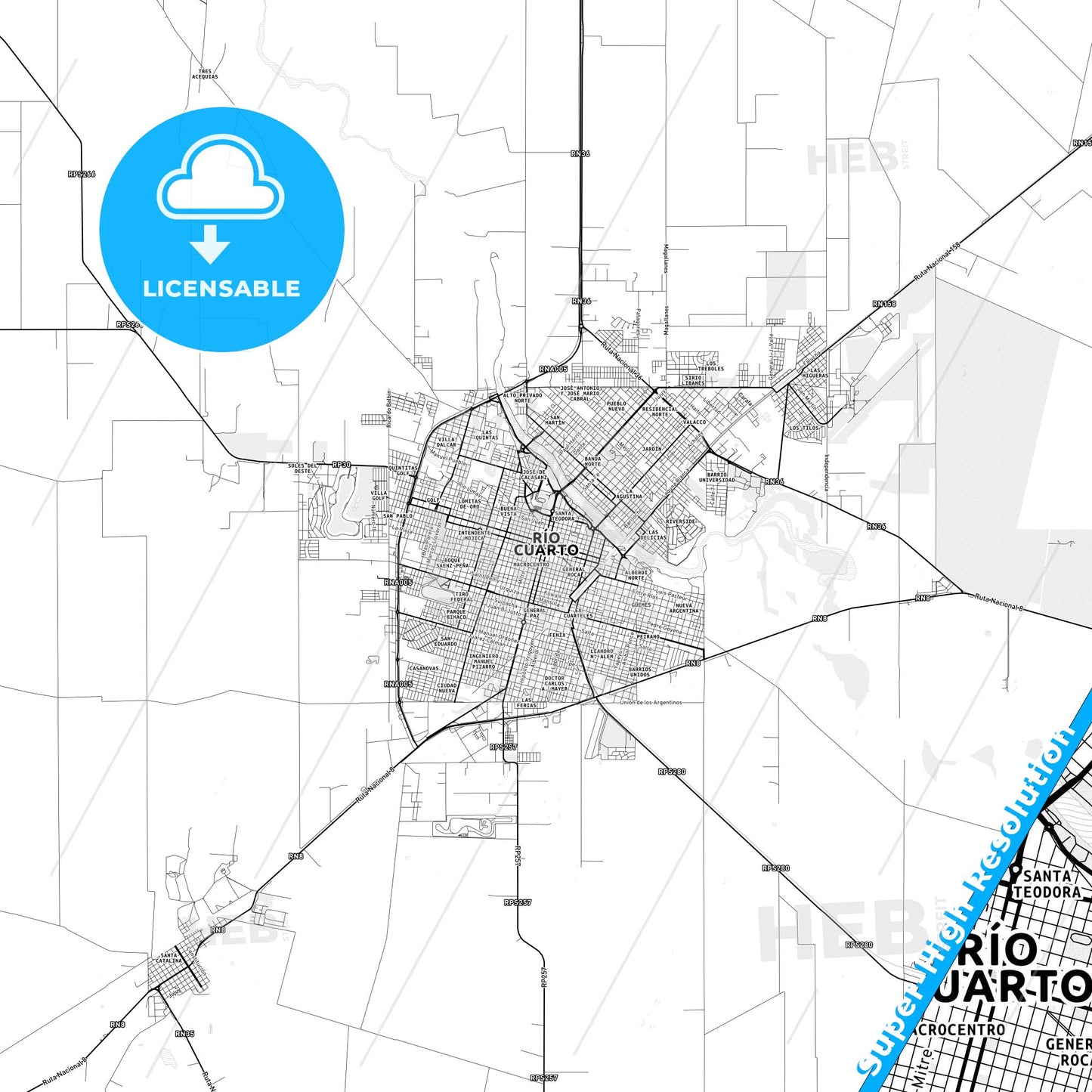 Rio Cuarto, Argentina light map with streetnames, citynames and districts