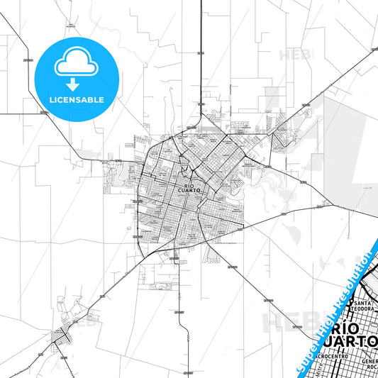 Rio Cuarto, Argentina light map with streetnames, citynames and districts