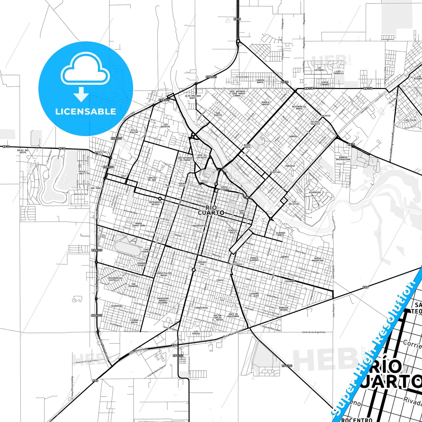 Rio Cuarto, Argentina Light Map with Street Names, City Names, and Districts
