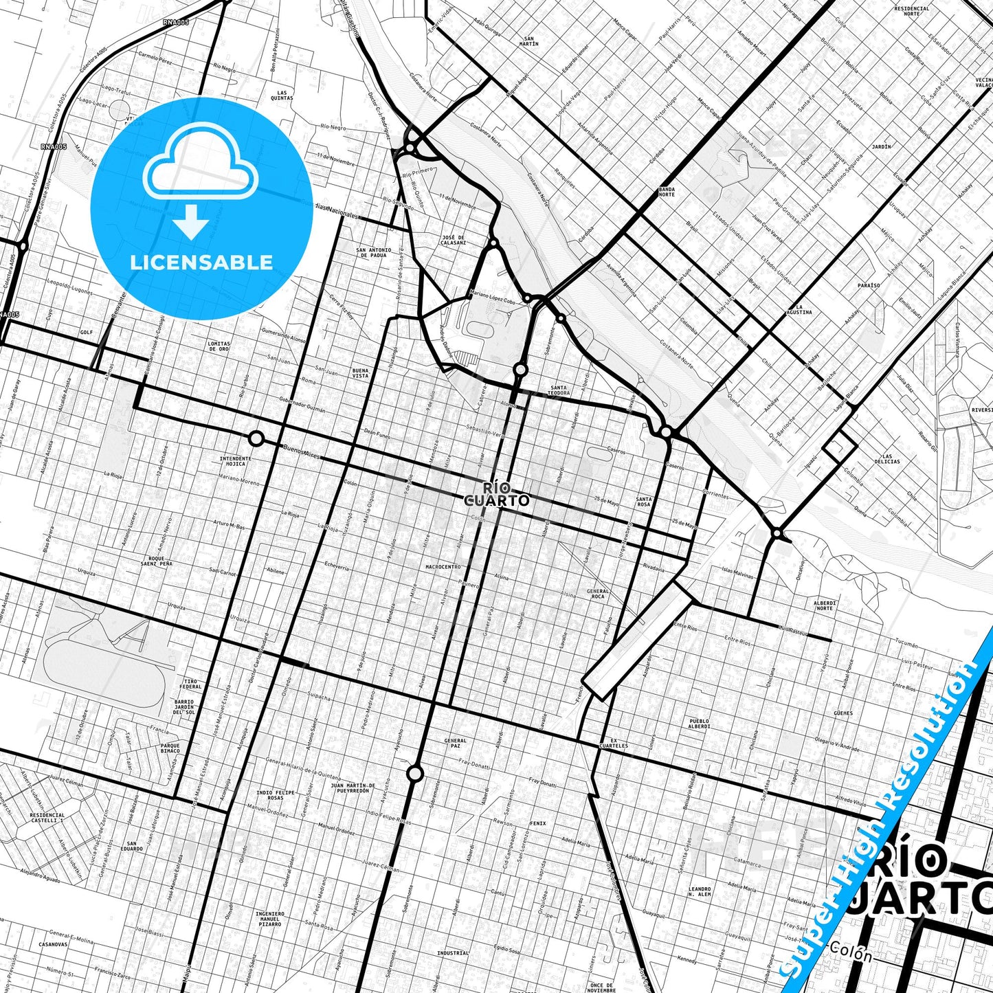 Rio Cuarto, Argentina Light Map with Street Names, City Names, and Districts