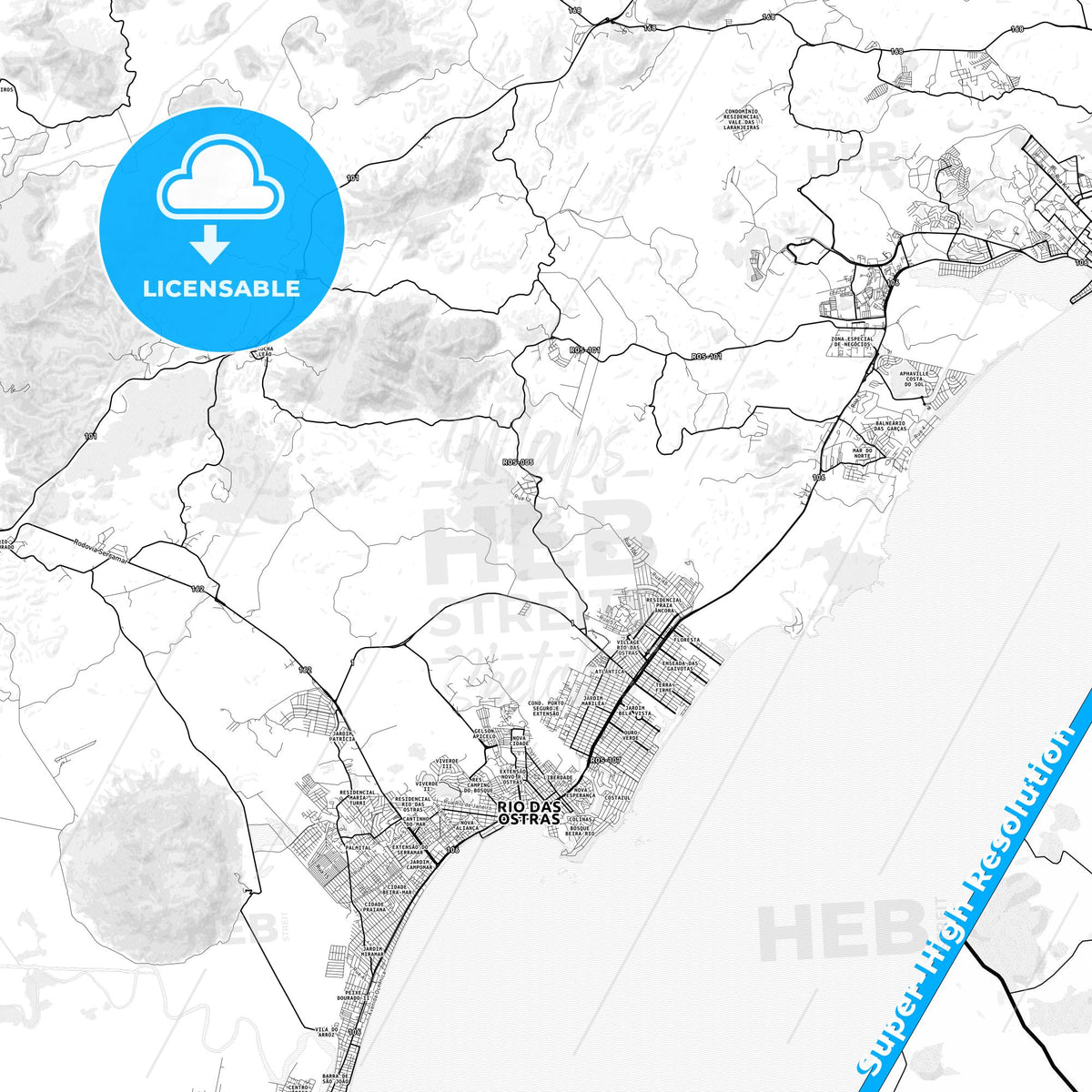 Rio das Ostras, Brazil light map with streetnames, citynames and districts