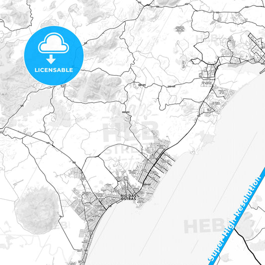 Rio das Ostras, Brazil light map with streetnames, citynames and districts