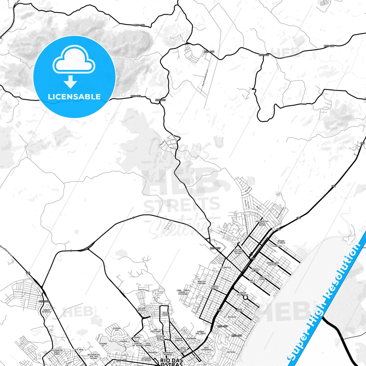 Rio das Ostras, Brazil Light Map with Street Names, City Names, and Districts