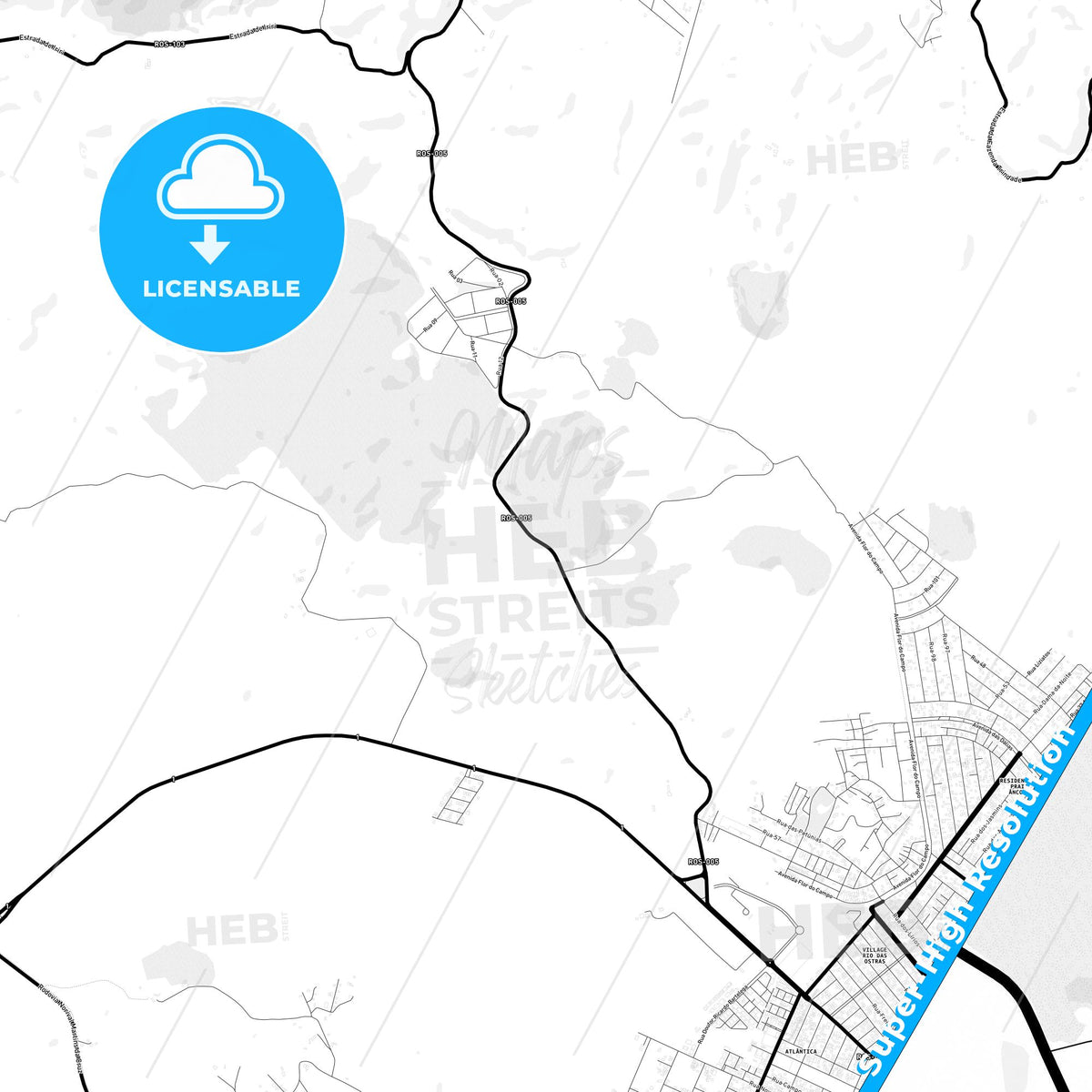 Rio das Ostras, Brazil Light Map with Street Names, City Names, and Districts