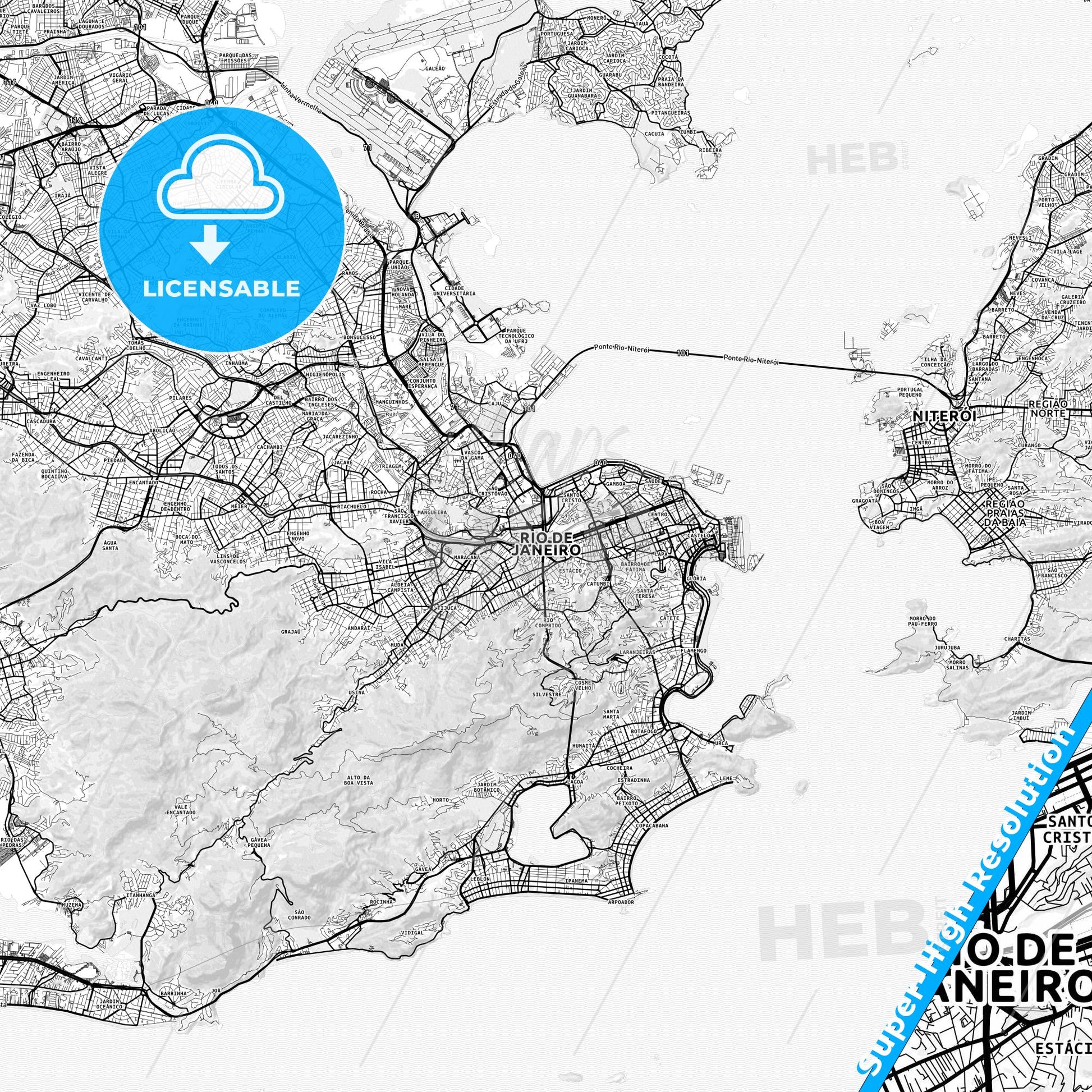 Rio de Janeiro, Brazil light map with streetnames, citynames and districts