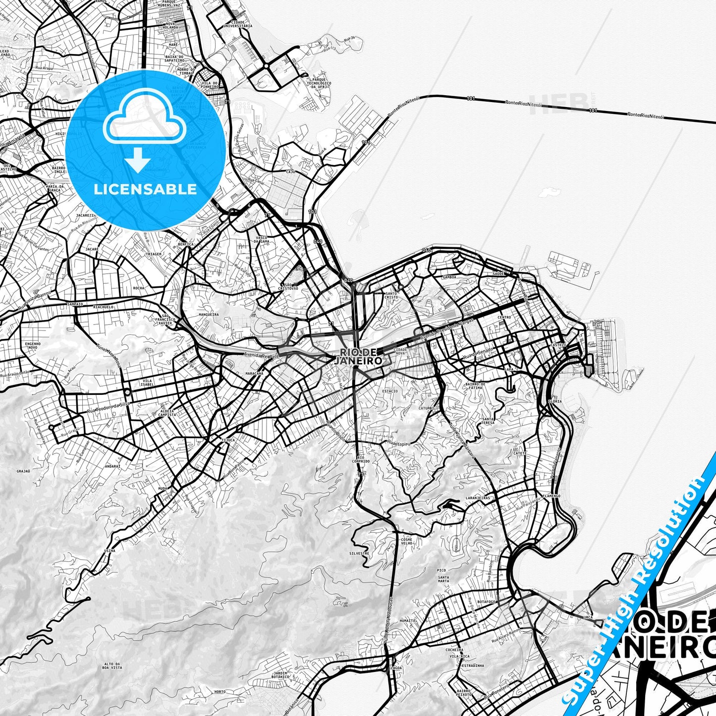 Rio de Janeiro, Brazil Light Map with Street Names, City Names, and Districts