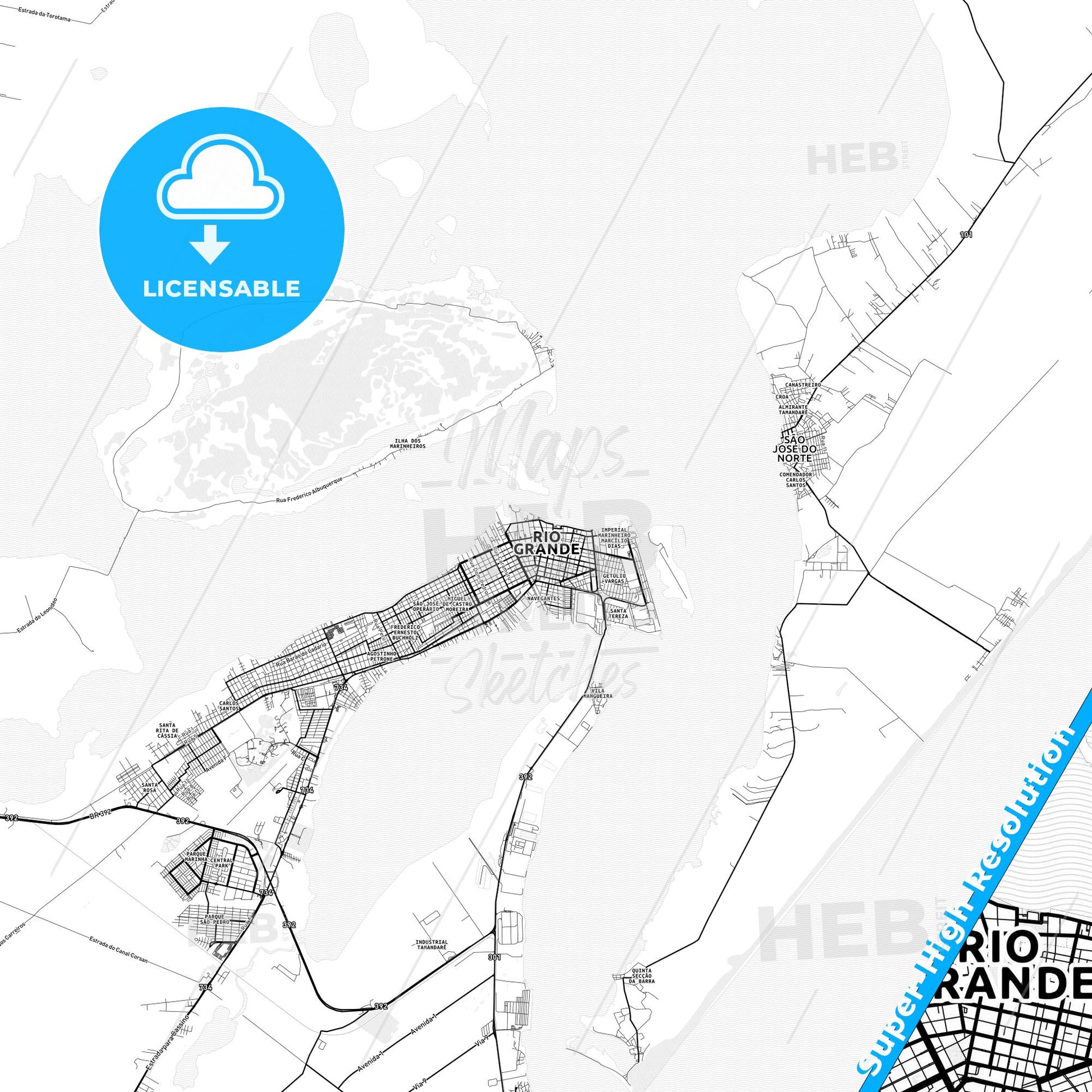 Rio Grande, Brazil light map with streetnames, citynames and districts