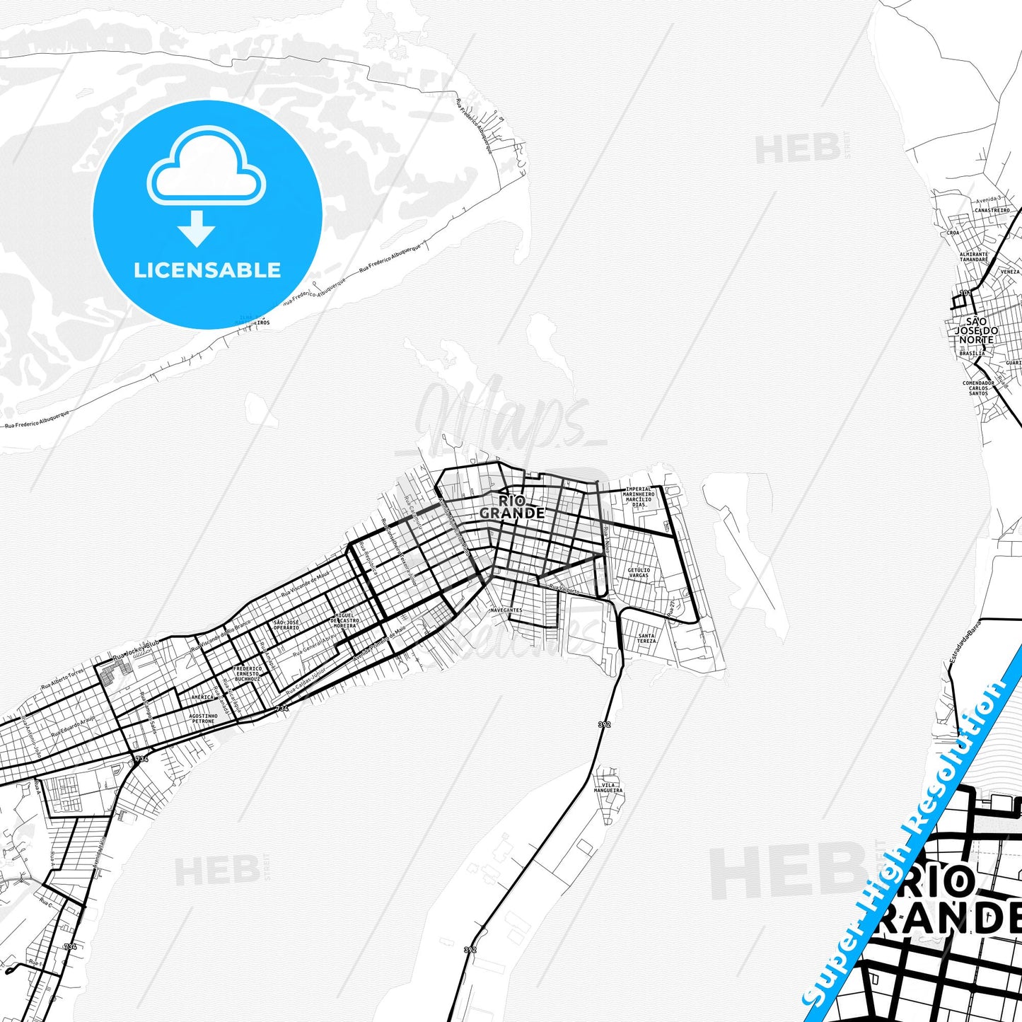 Rio Grande, Brazil Light Map with Street Names, City Names, and Districts