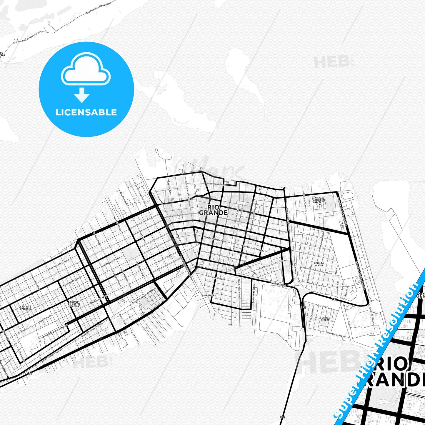 Rio Grande, Brazil Light Map with Street Names, City Names, and Districts