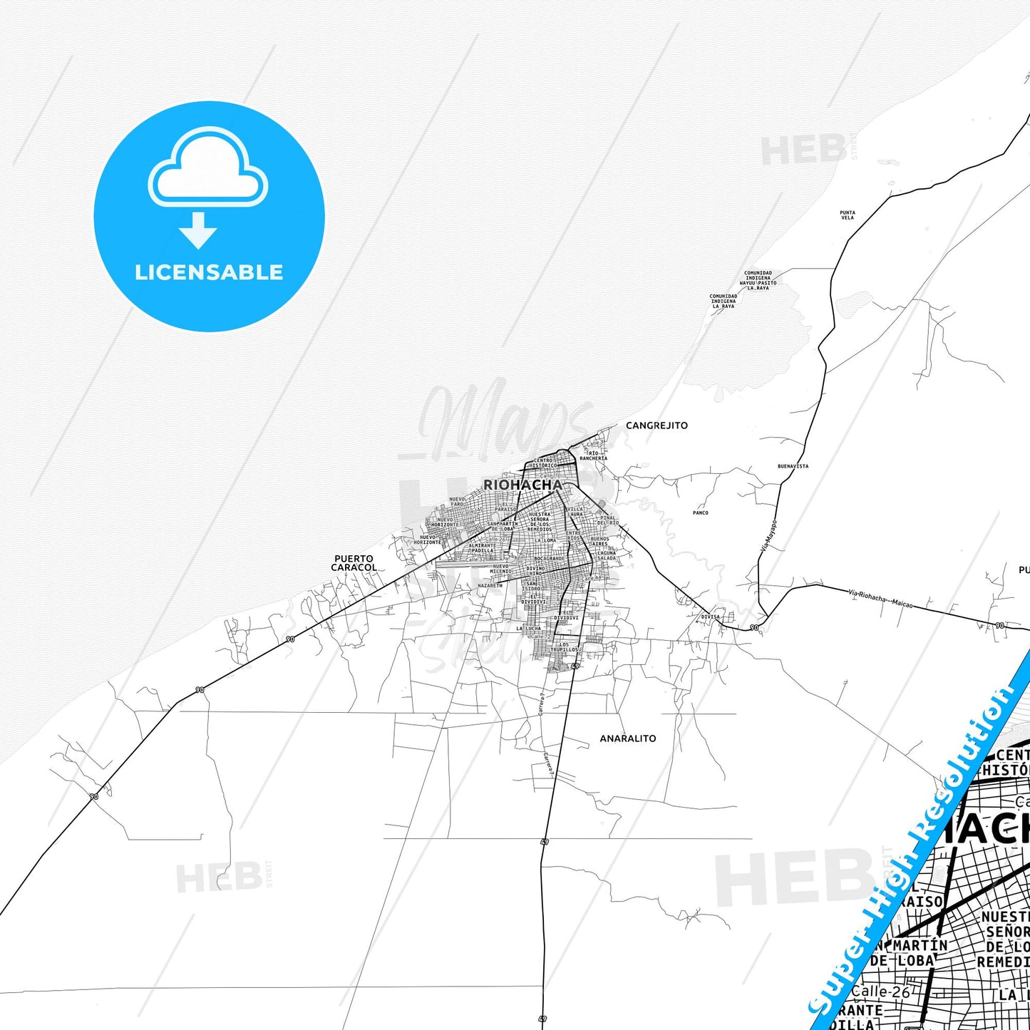 Riohacha, Colombia light map with streetnames, citynames and districts