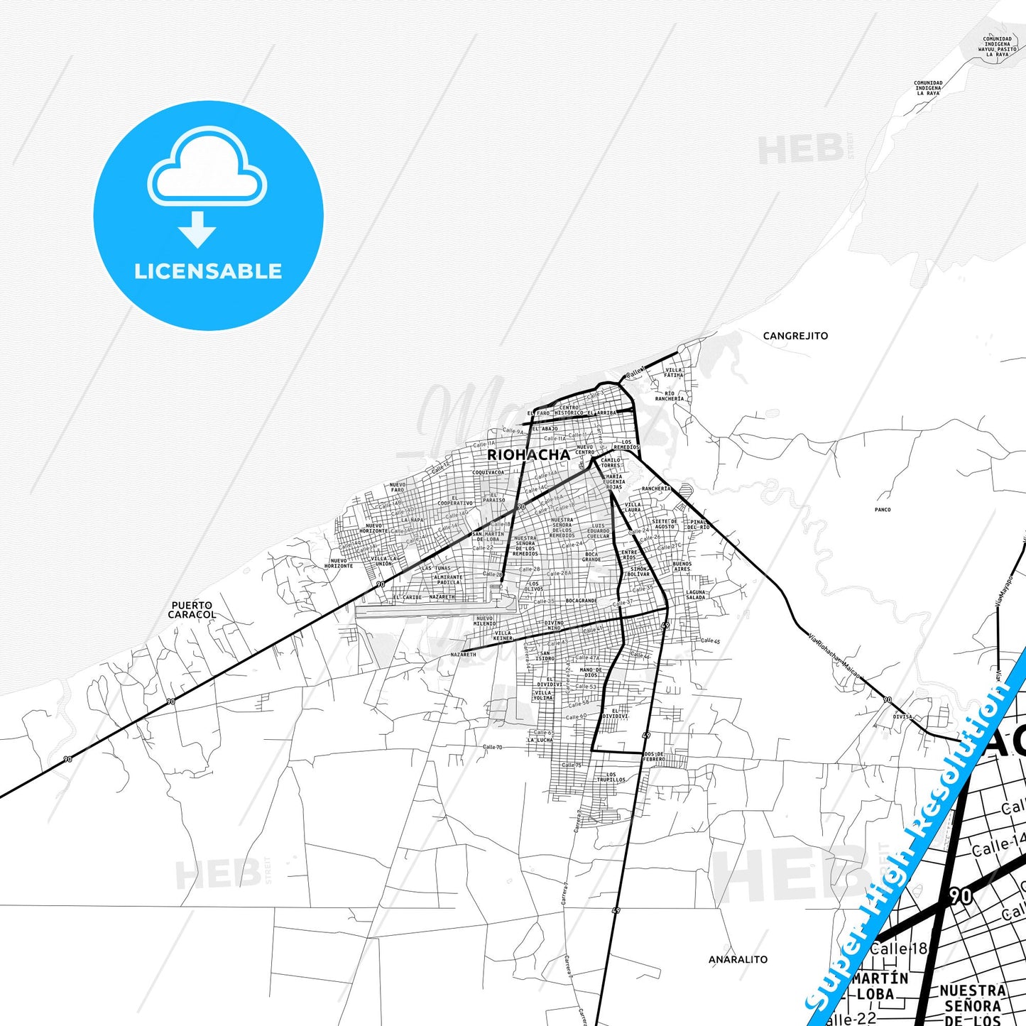 Riohacha, Colombia Light Map with Street Names, City Names, and Districts