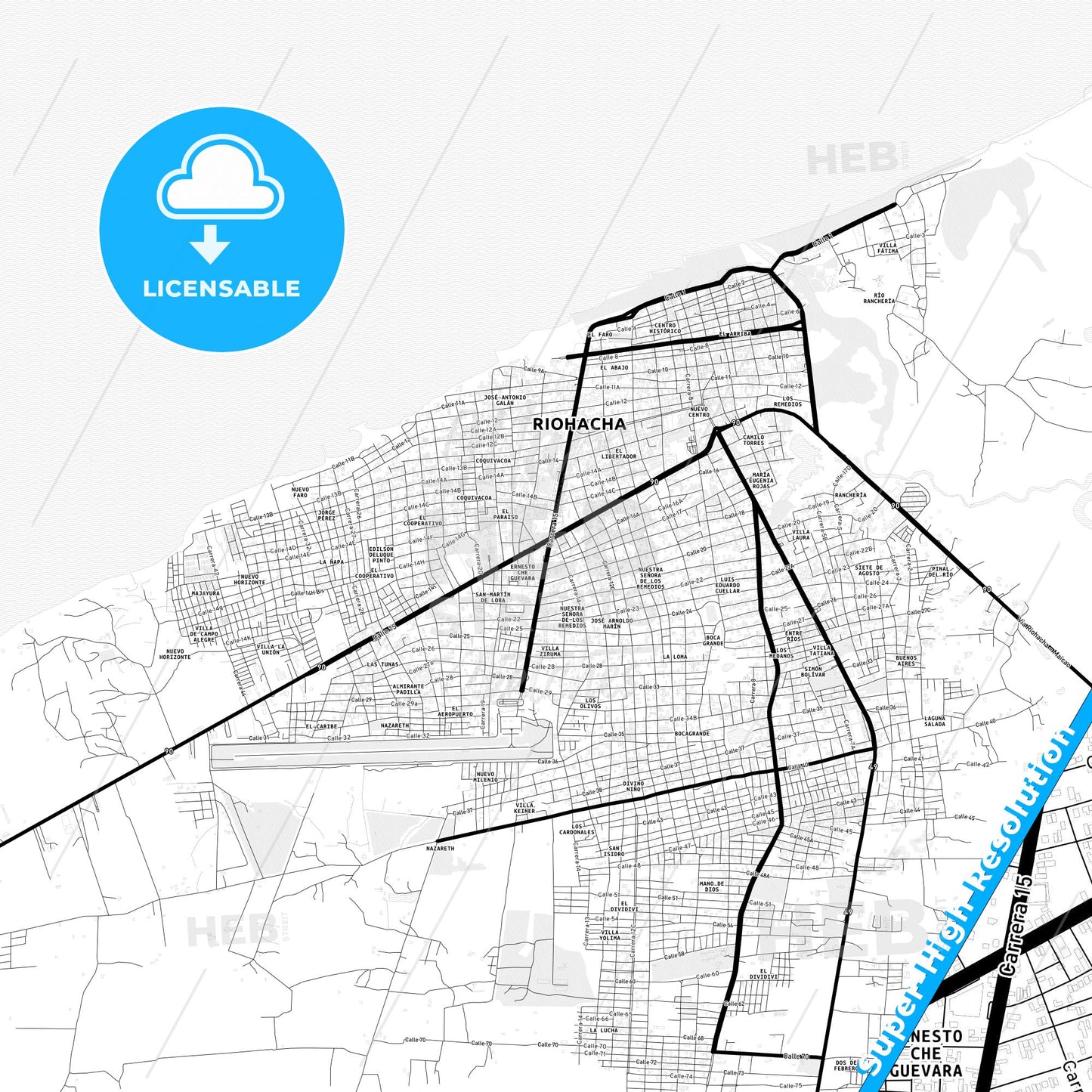 Riohacha, Colombia Light Map with Street Names, City Names, and Districts