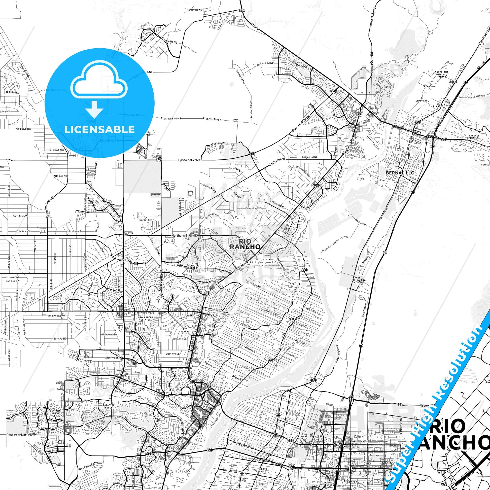 Rio Rancho, New Mexico light map with streetnames, citynames and districts
