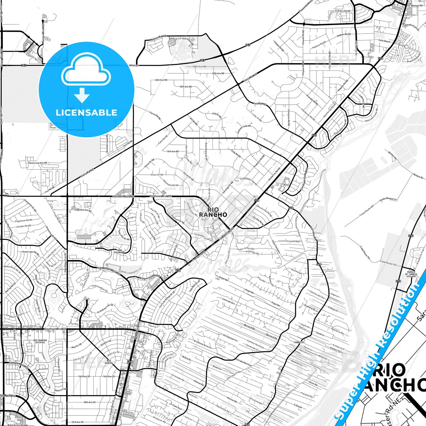 Rio Rancho, New Mexico Light Map with Street Names, City Names, and Districts