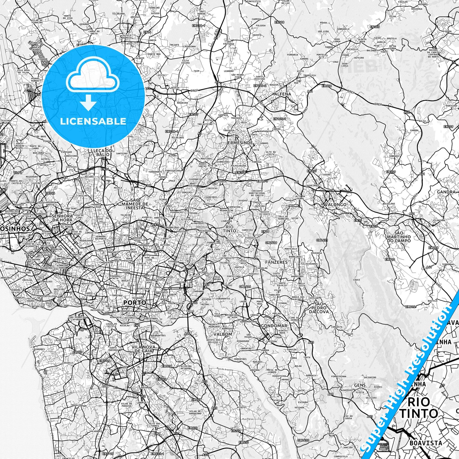 Rio Tinto, Portugal light map with streetnames, citynames and districts