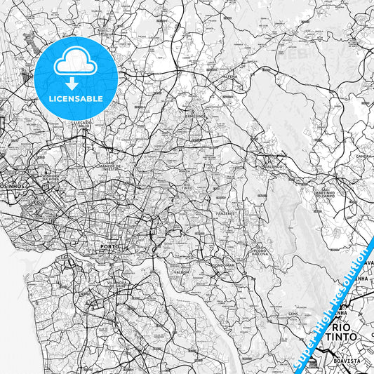Rio Tinto, Portugal light map with streetnames, citynames and districts