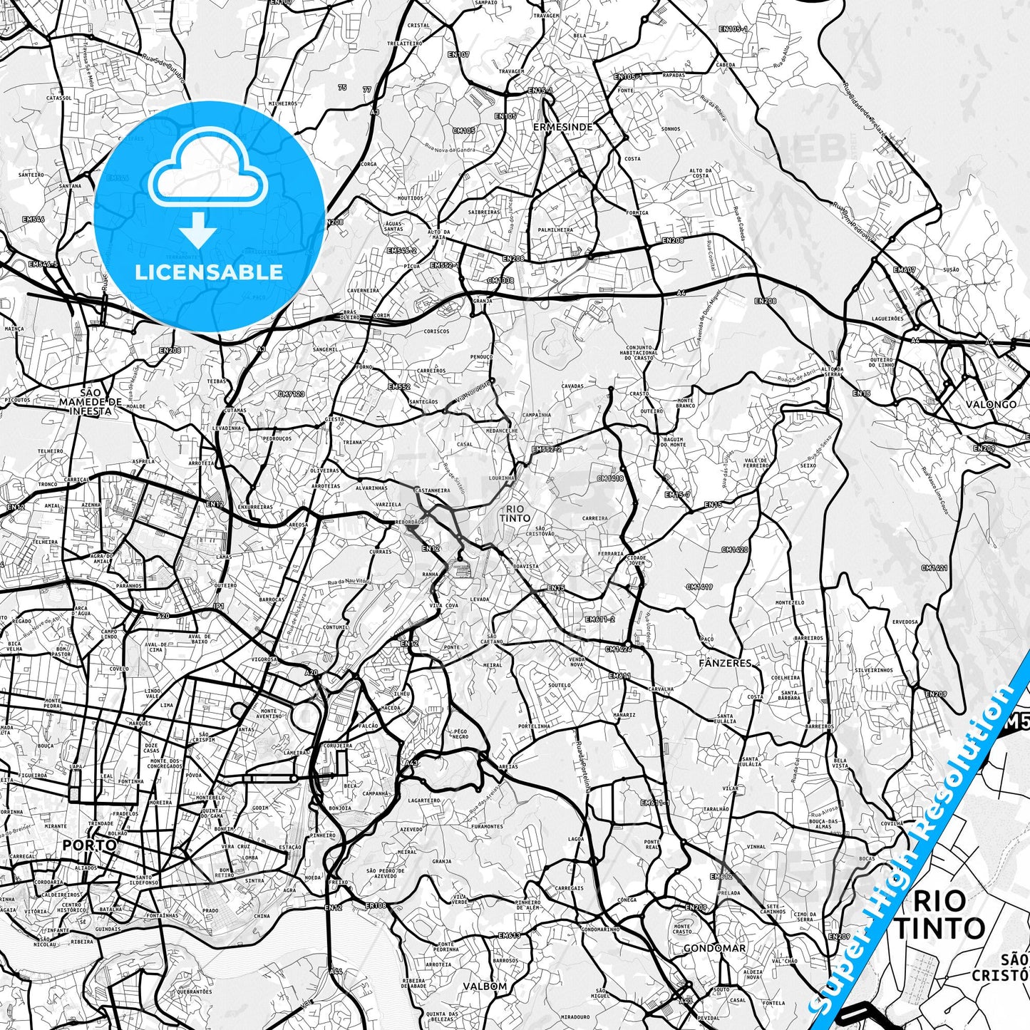 Rio Tinto, Portugal Light Map with Street Names, City Names, and Districts