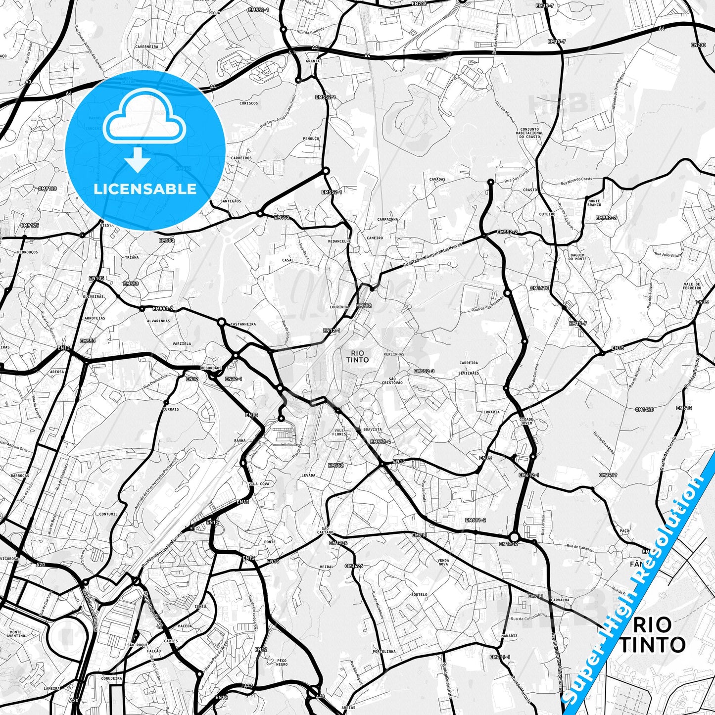 Rio Tinto, Portugal Light Map with Street Names, City Names, and Districts