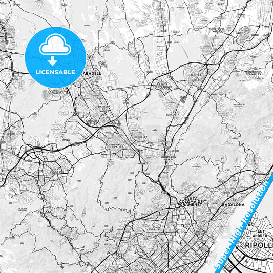 Ripollet, Spain light map with streetnames, citynames and districts