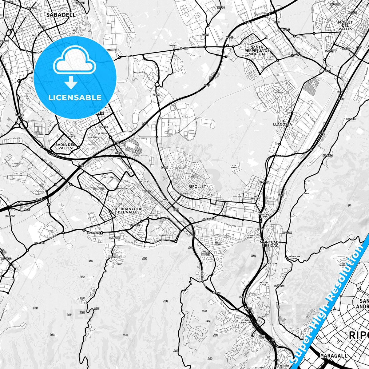 Ripollet, Spain Light Map with Street Names, City Names, and Districts