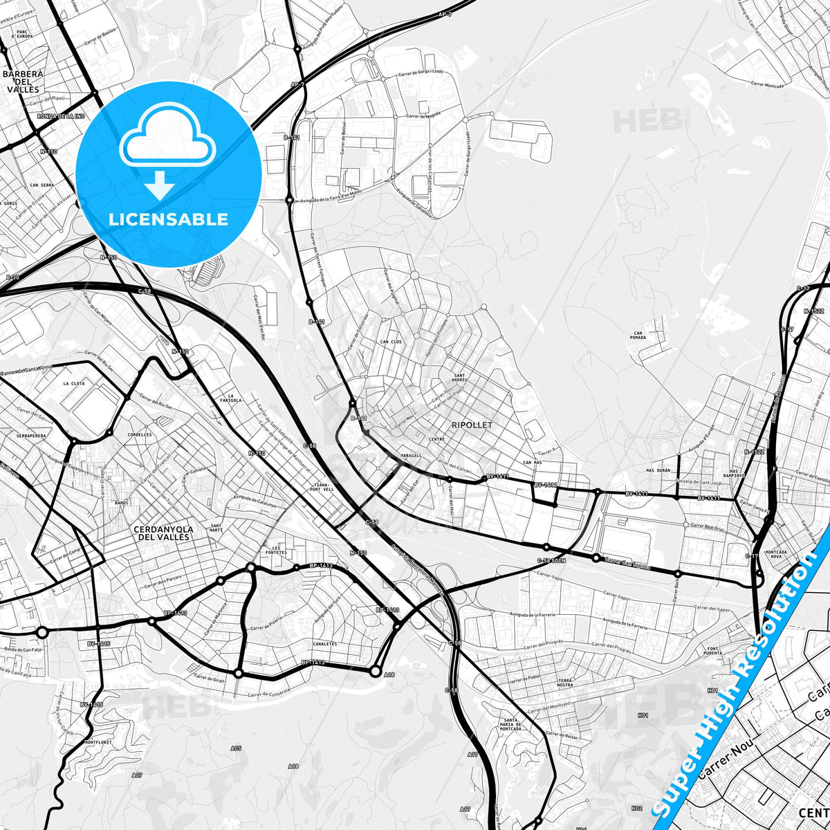 Ripollet, Spain Light Map with Street Names, City Names, and Districts