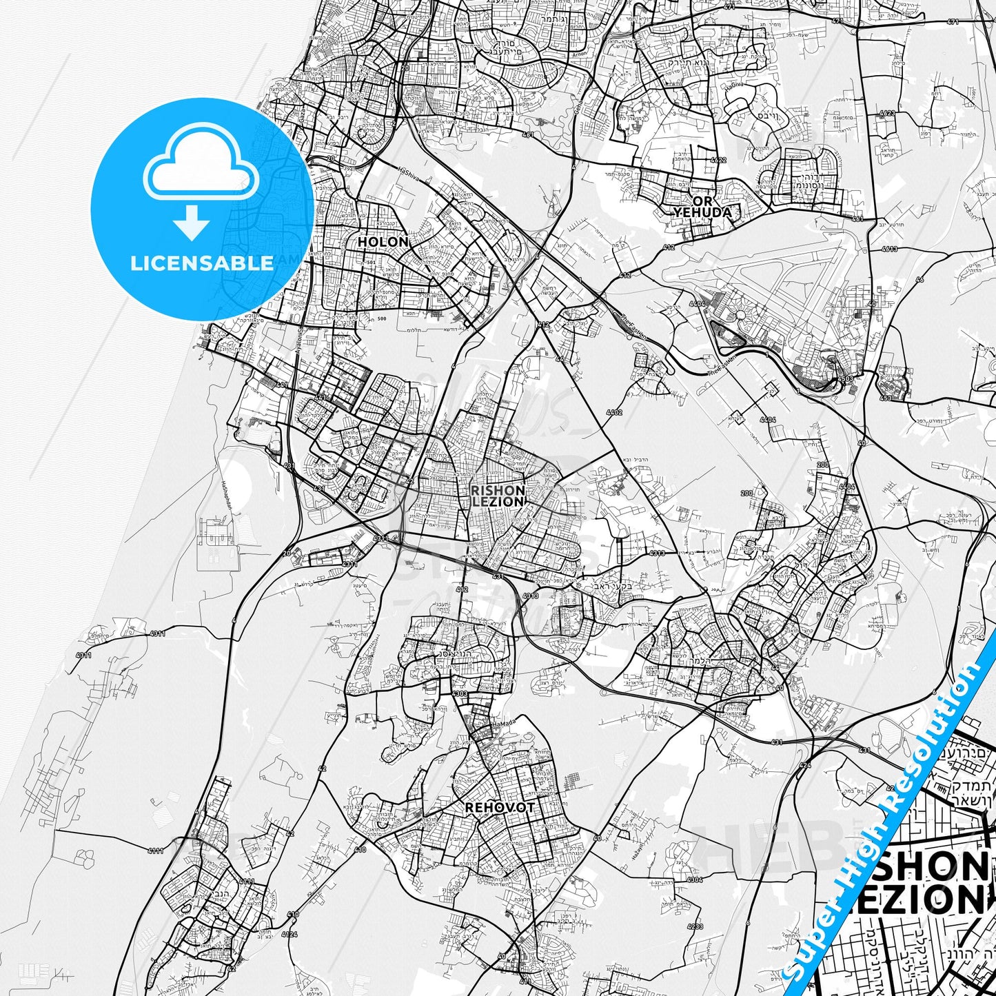 Rishon LeZion, Israel light map with streetnames, citynames and districts