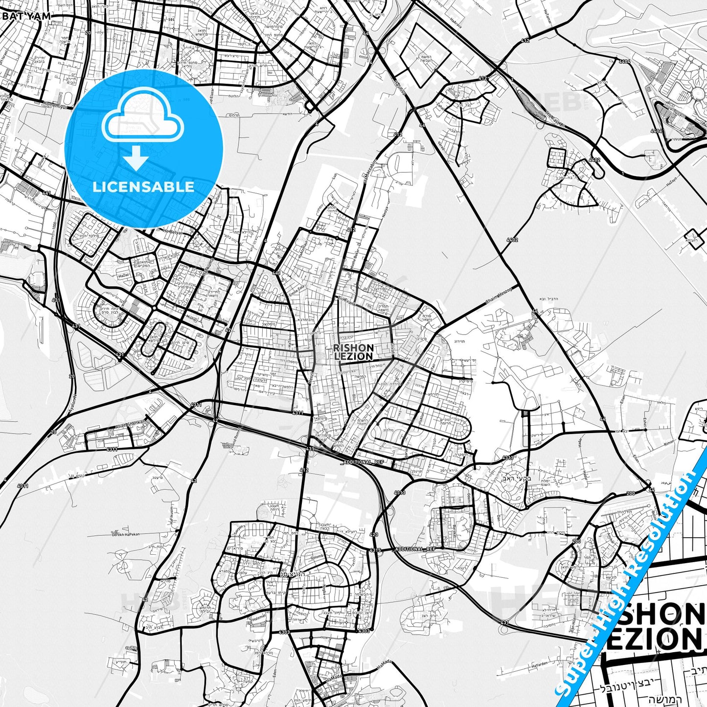 Rishon LeZion, Israel Light Map with Street Names, City Names, and Districts