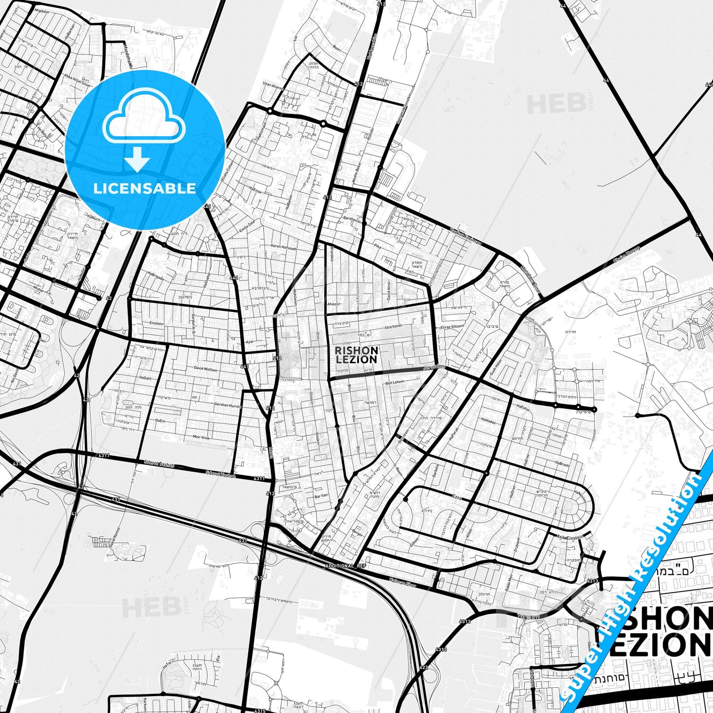 Rishon LeZion, Israel Light Map with Street Names, City Names, and Districts