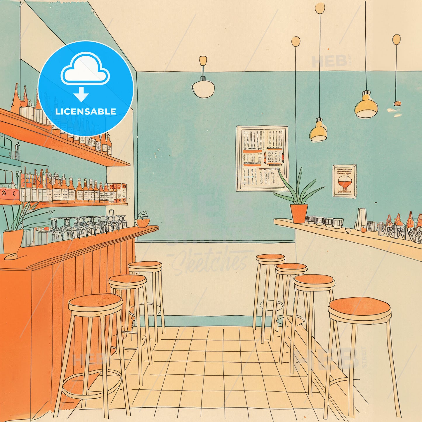 risograph print texture, empty italian bar - A drawing of a bar with stools and bottles