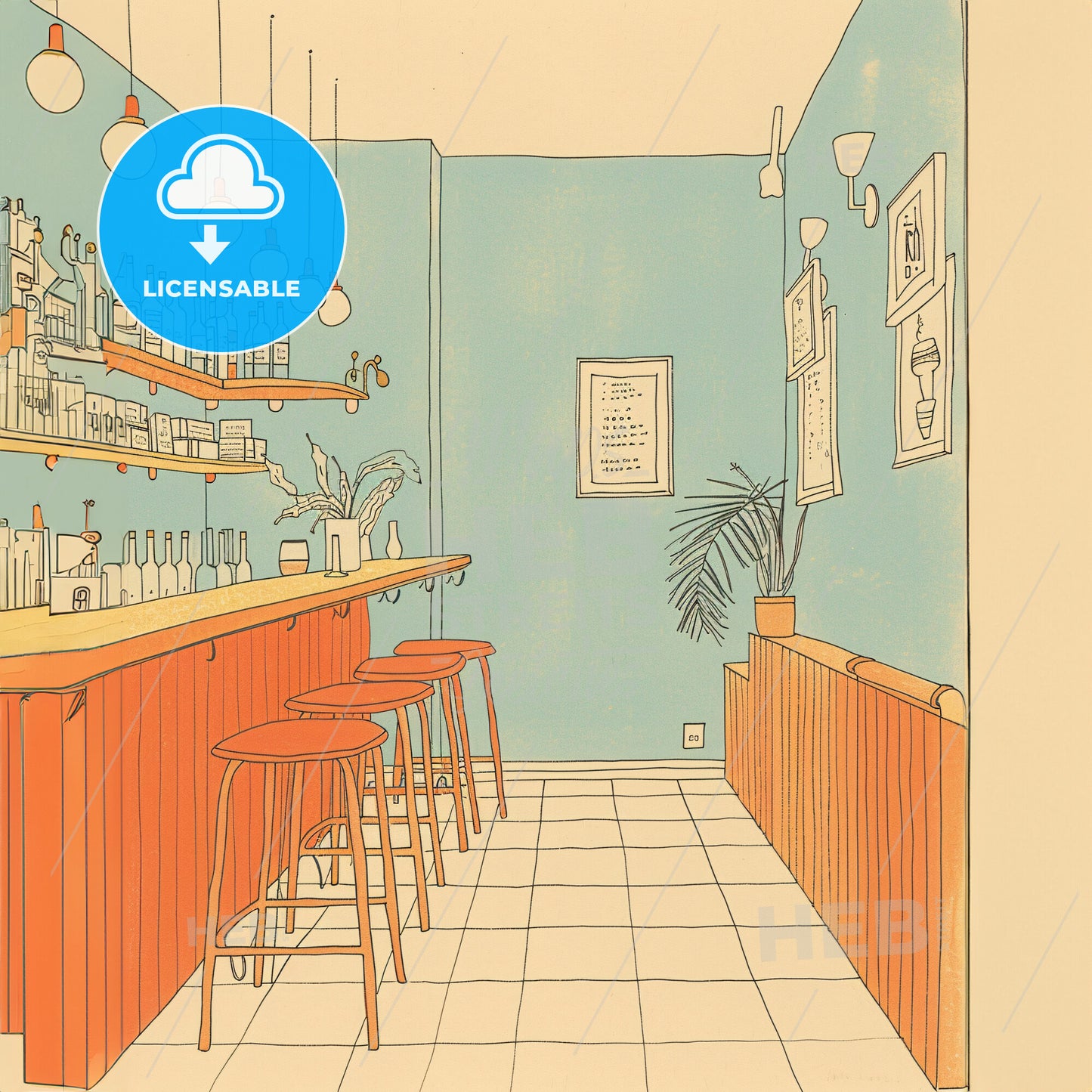 risograph print texture, empty italian bar - A drawing of a bar with stools and bottles