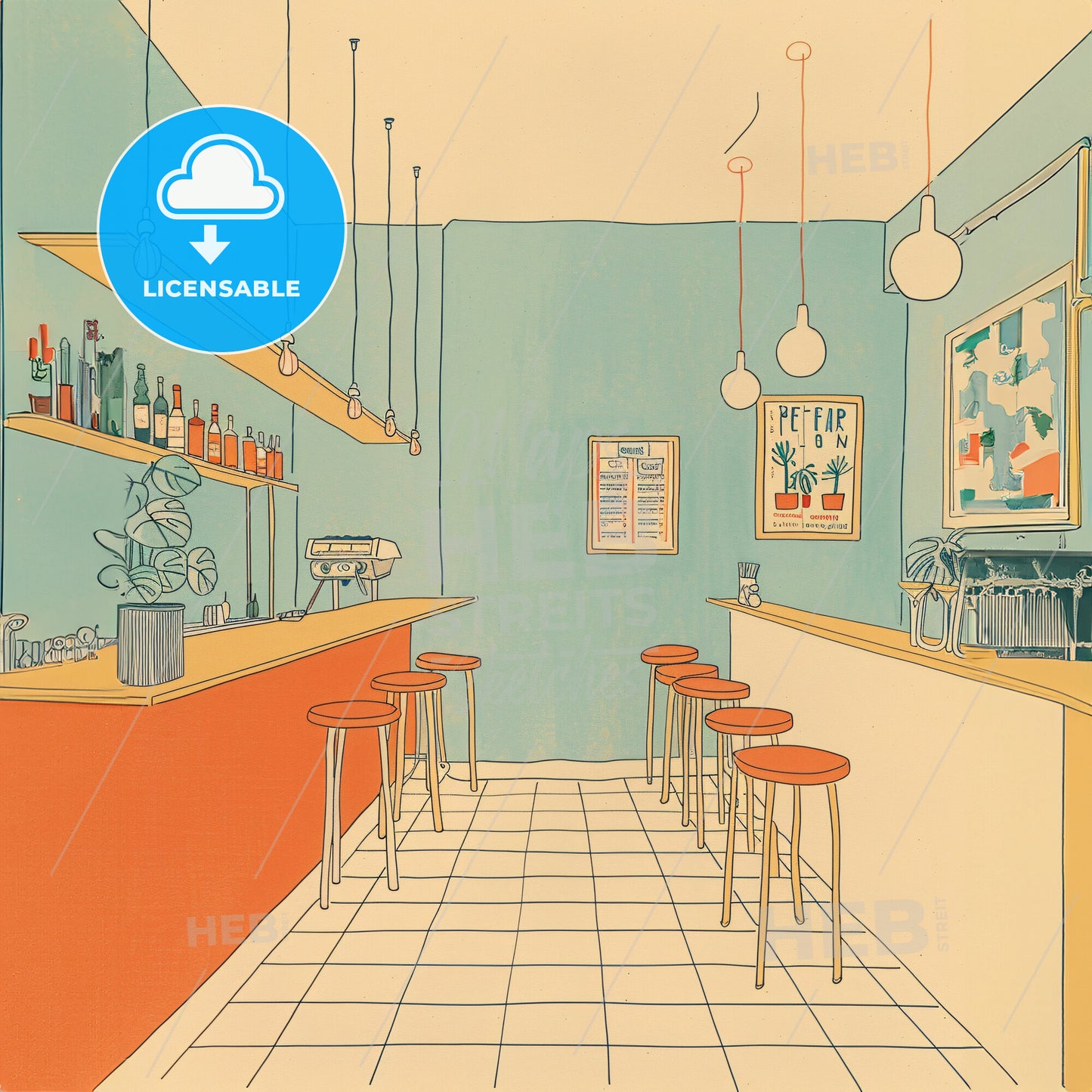 risograph print texture, empty italian bar - A drawing of a bar with stools and shelves