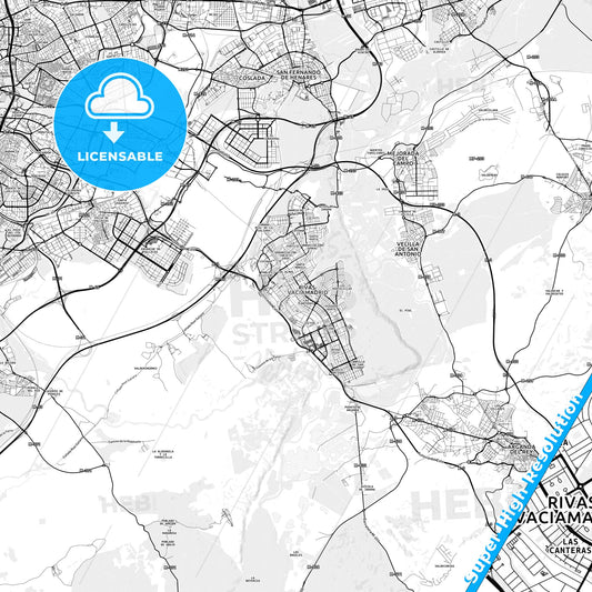 Rivas-Vaciamadrid, Spain light map with streetnames, citynames and districts
