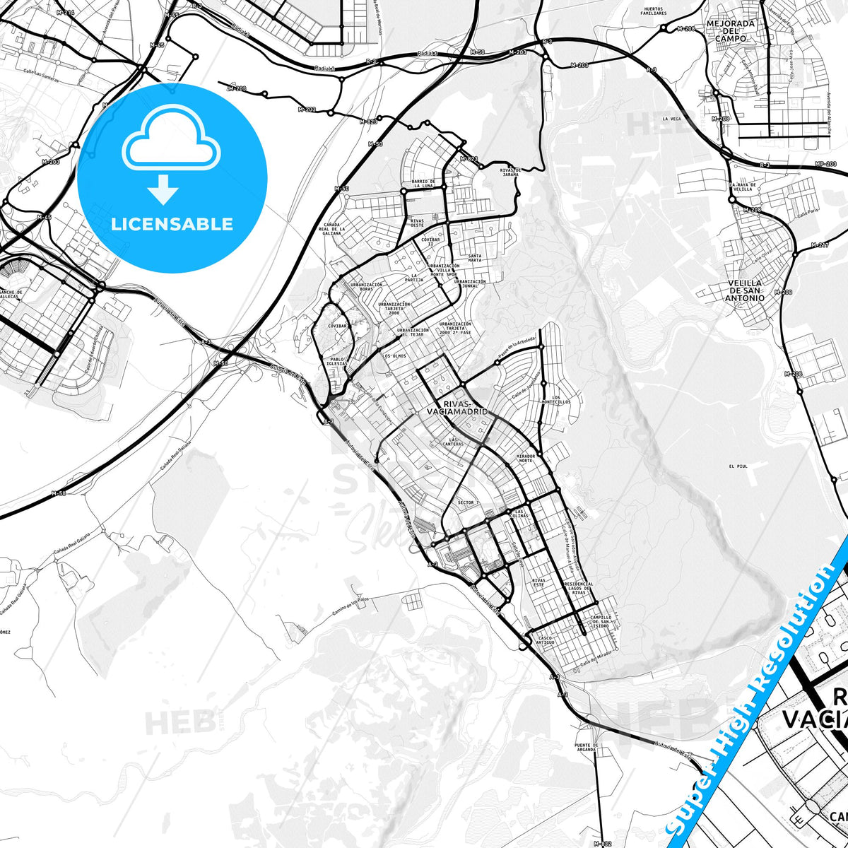 Rivas-Vaciamadrid, Spain Light Map with Street Names, City Names, and Districts
