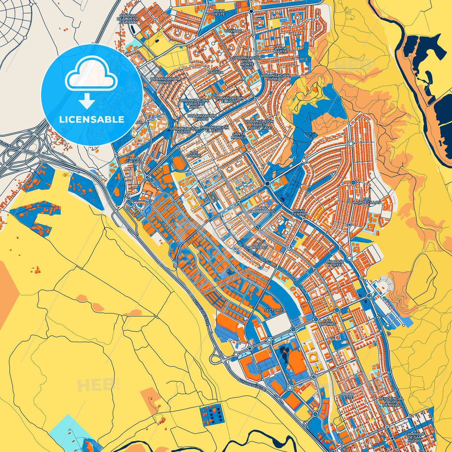 Colorful Rivas-Vaciamadrid Street Map with Labels and Buildings