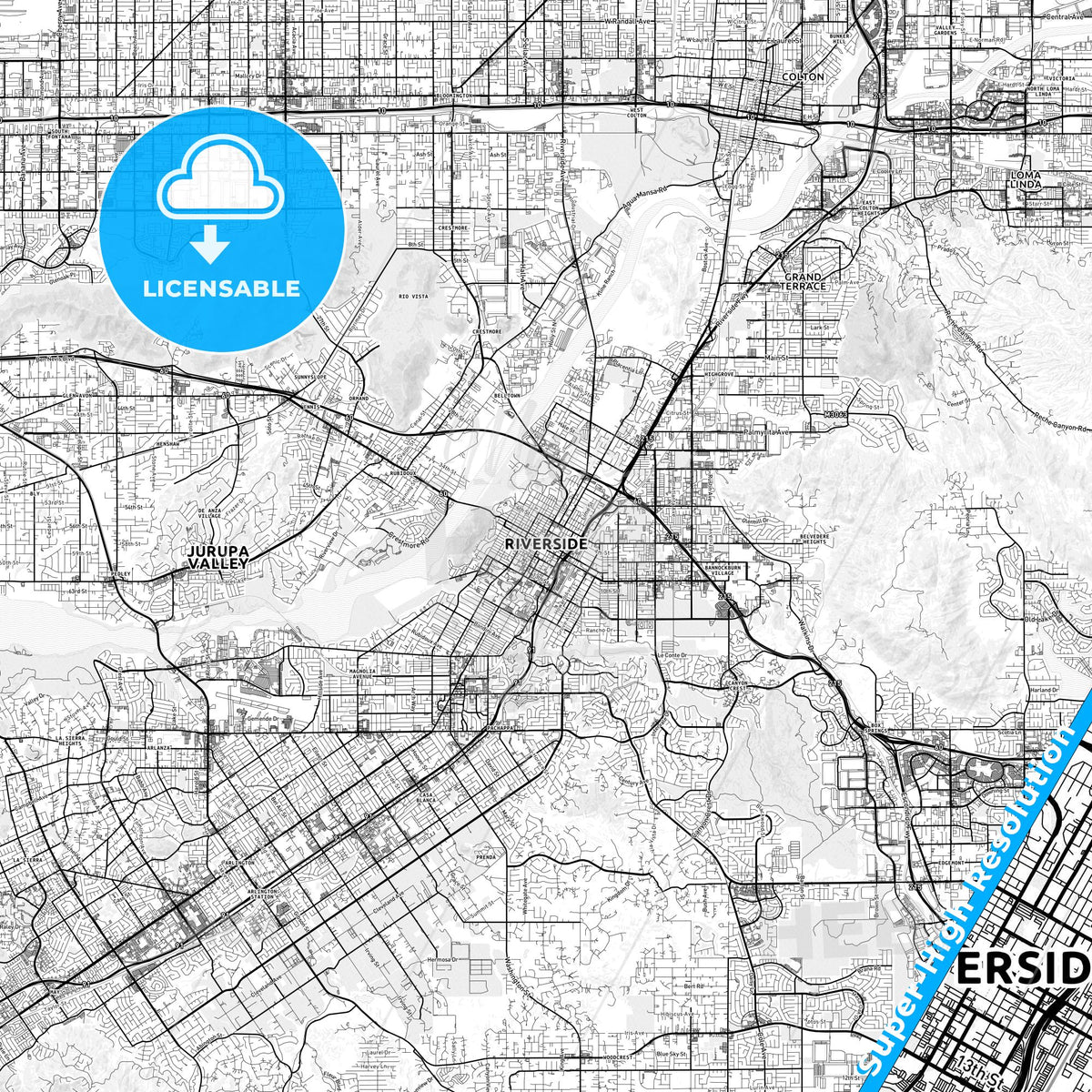 Riverside, California light map with streetnames, citynames and districts