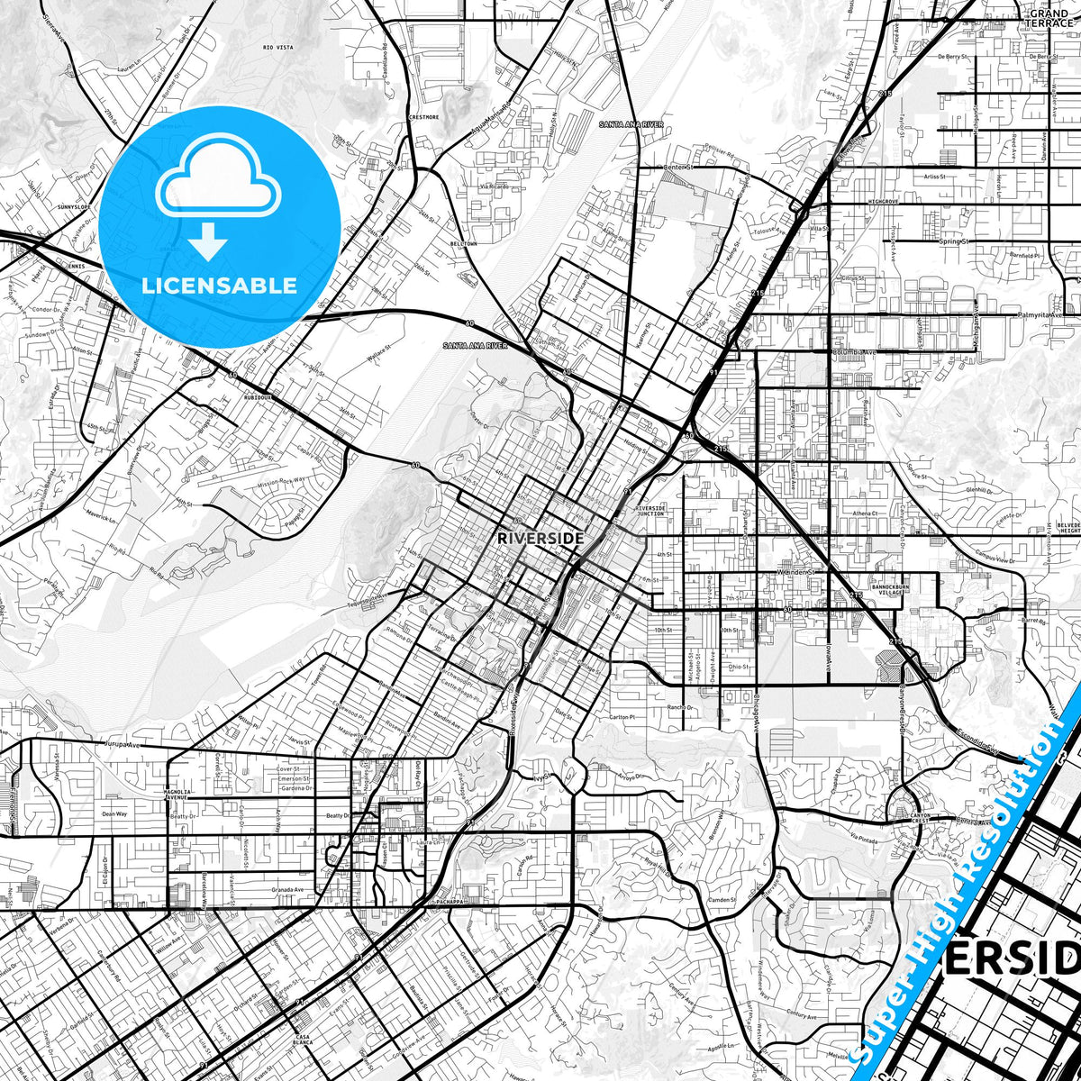 Riverside, California Light Map with Street Names, City Names, and Districts