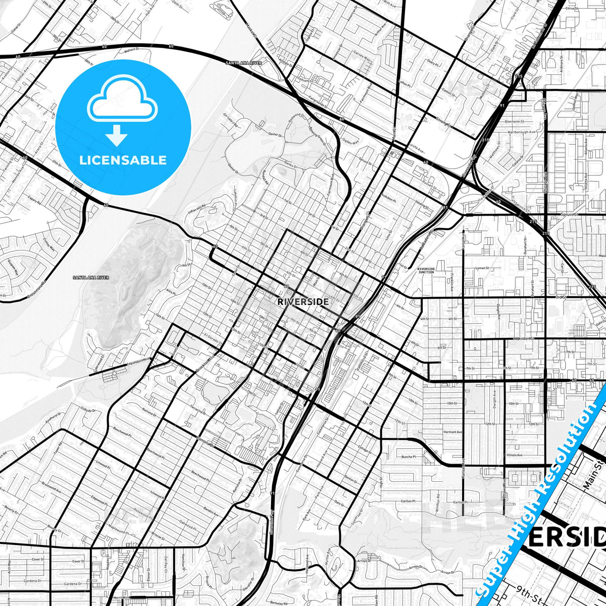 Riverside, California Light Map with Street Names, City Names, and Districts