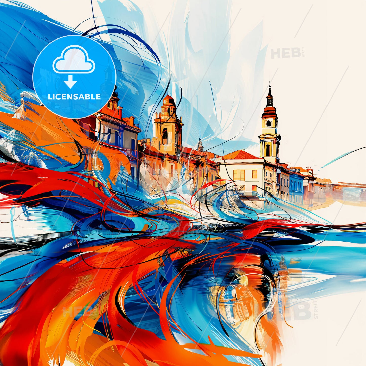 Vibrant Riverside, California - A Colorful Painting Of Buildings And A River