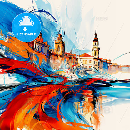 Vibrant Riverside, California - A Colorful Painting Of Buildings And A River