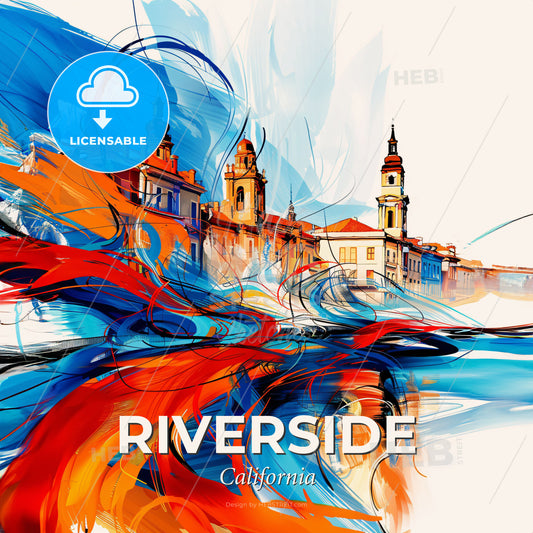 Vibrant Riverside, California - A Colorful Painting Of Buildings And A River - Square format print template