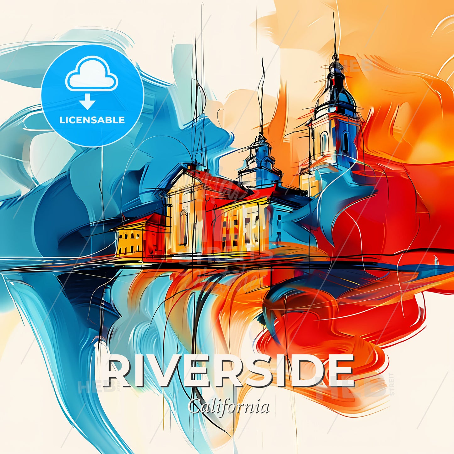 Vibrant Riverside, California - A Colorful Painting Of A Building - Square format print template