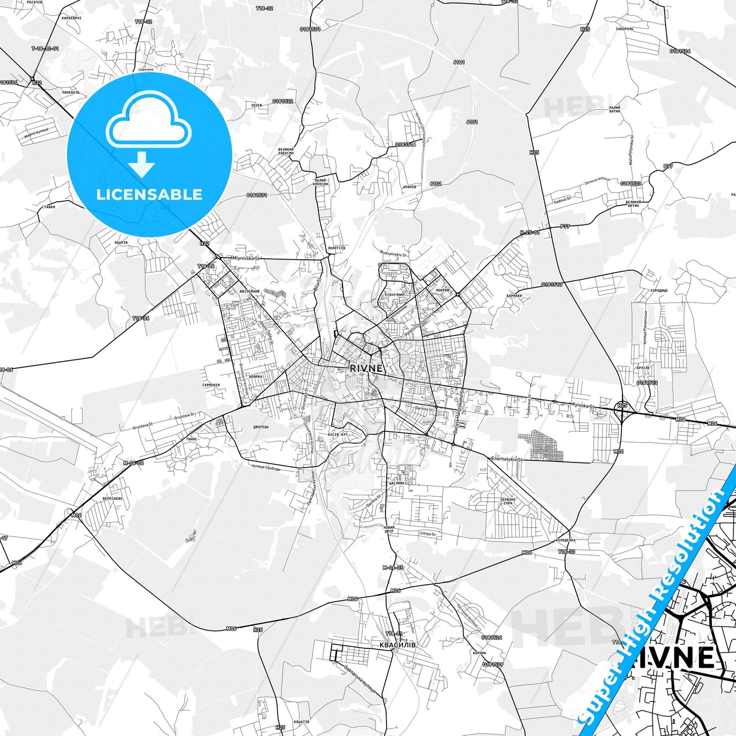Rivne, Ukraine light map with streetnames, citynames and districts
