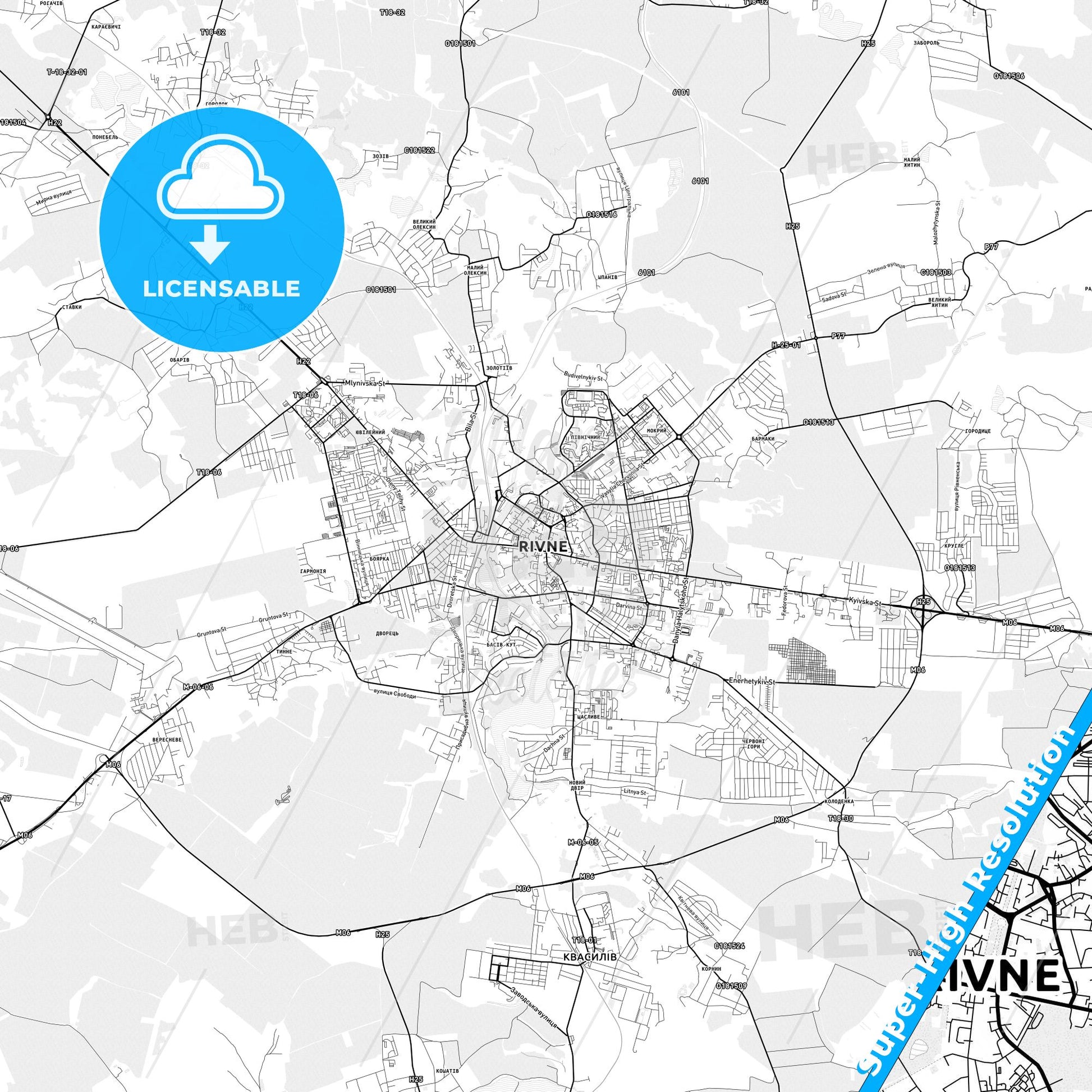 Rivne, Ukraine light map with streetnames, citynames and districts