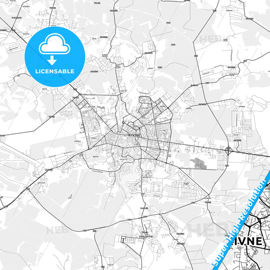 Rivne, Ukraine light map with streetnames, citynames and districts