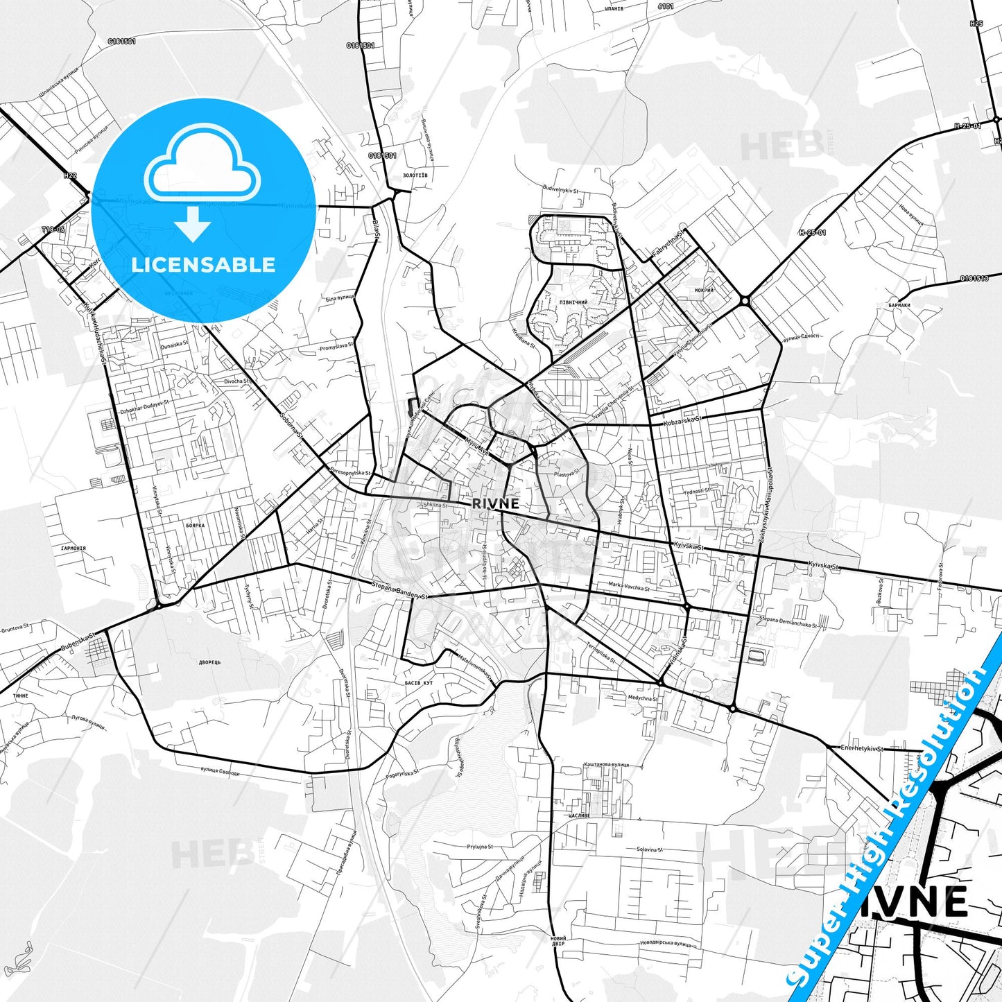 Rivne, Ukraine Light Map with Street Names, City Names, and Districts
