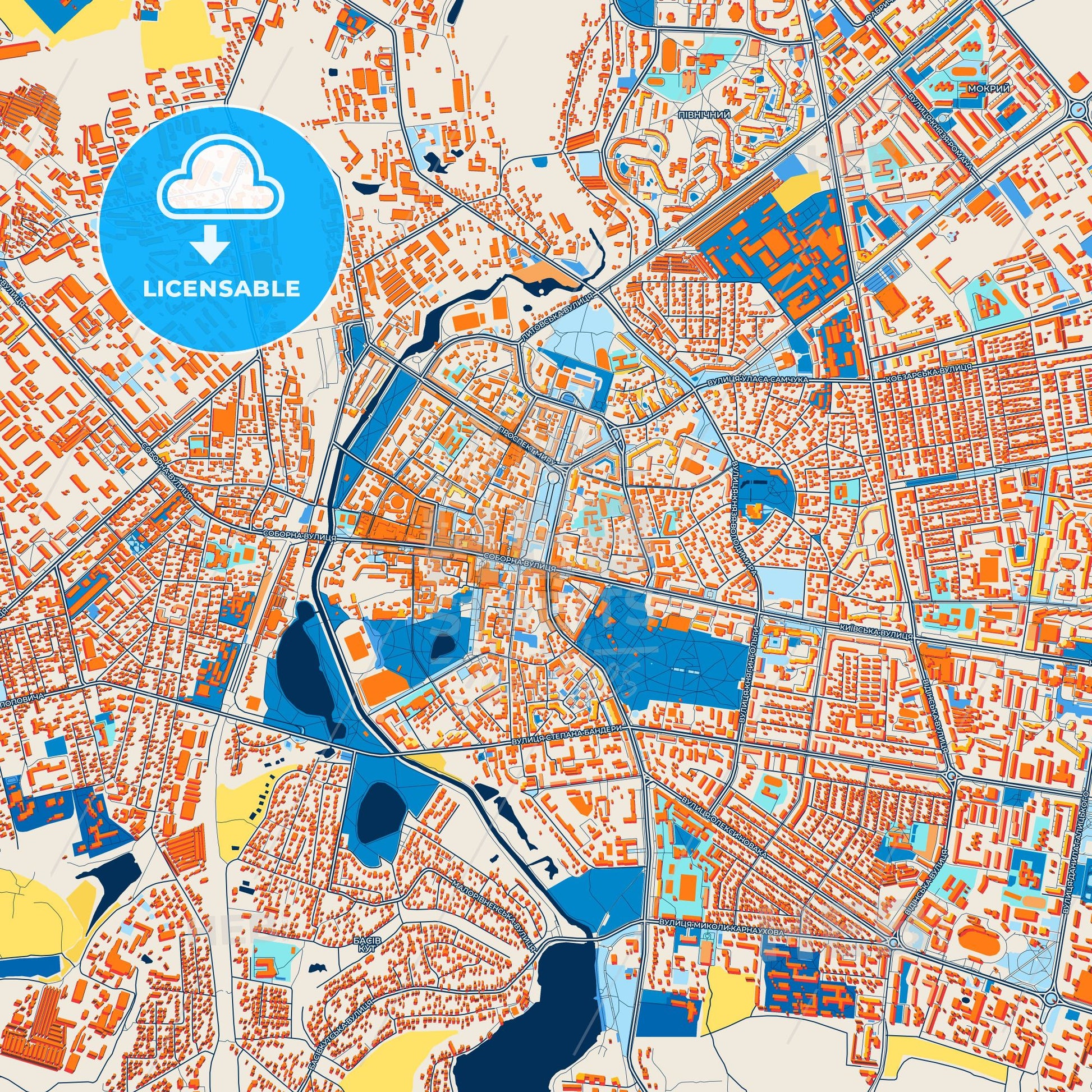 Colorful Rivne Street Map with Labels and Buildings