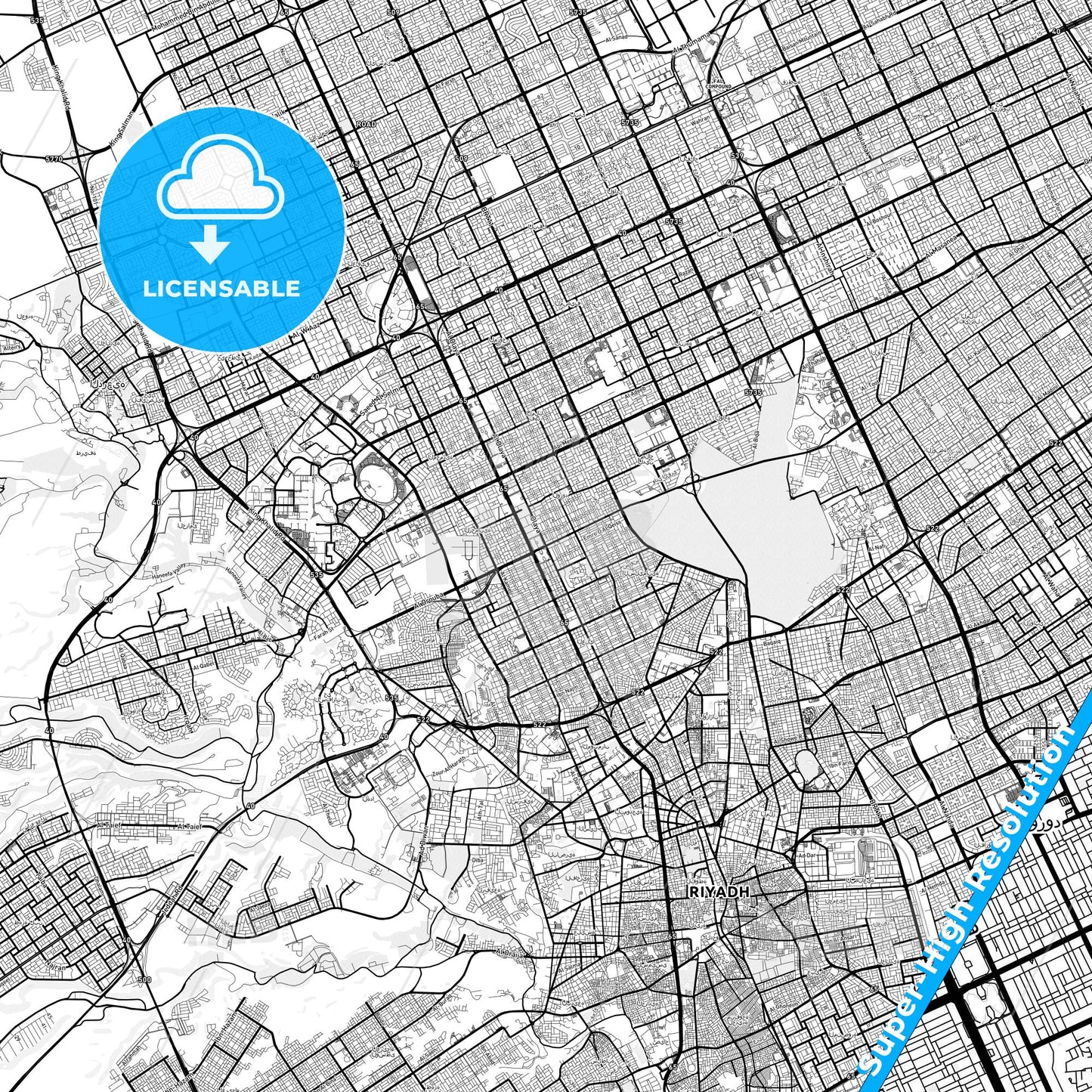 Riyadh, Saudi Arabia light map with streetnames, citynames and districts