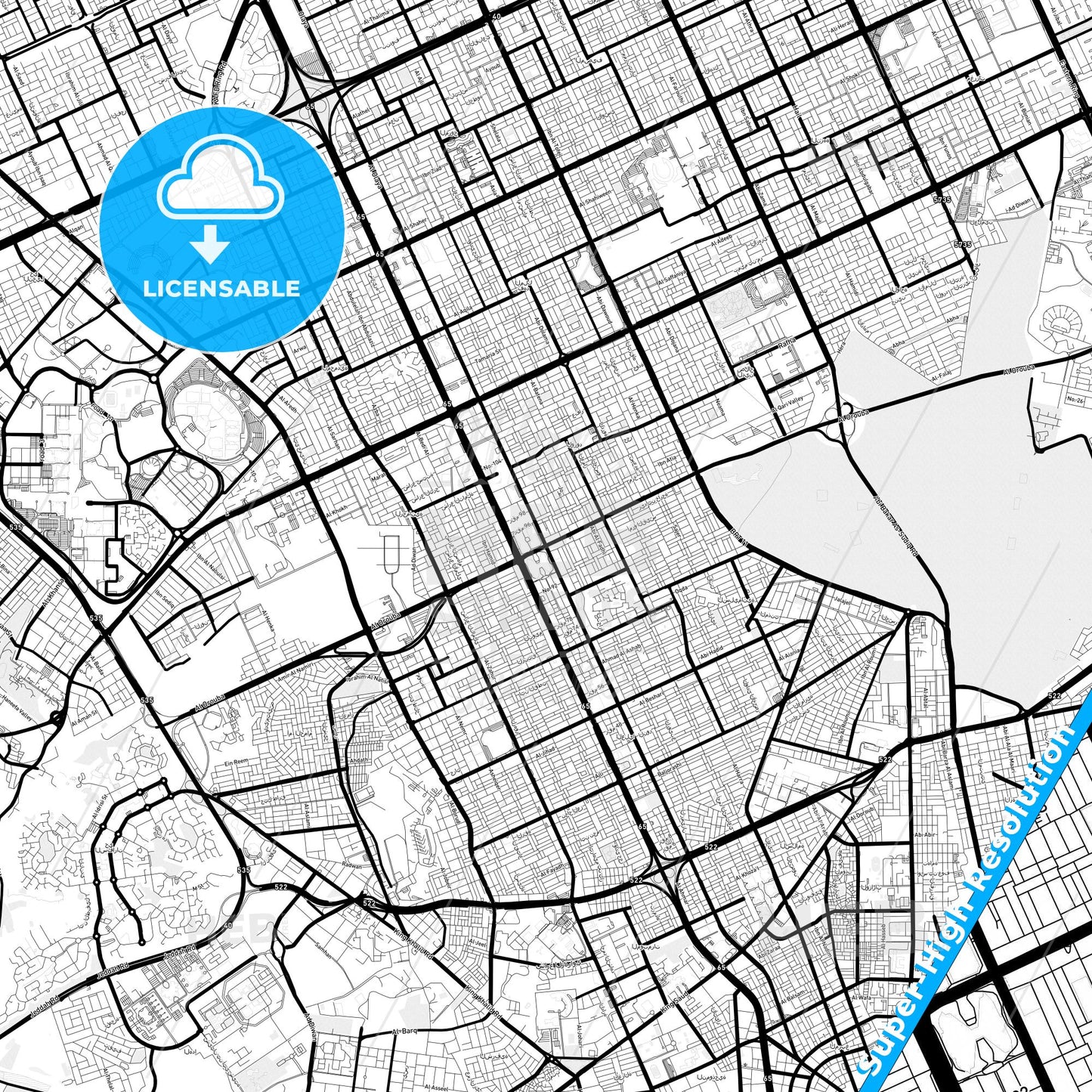 Riyadh, Saudi Arabia Light Map with Street Names, City Names, and Districts
