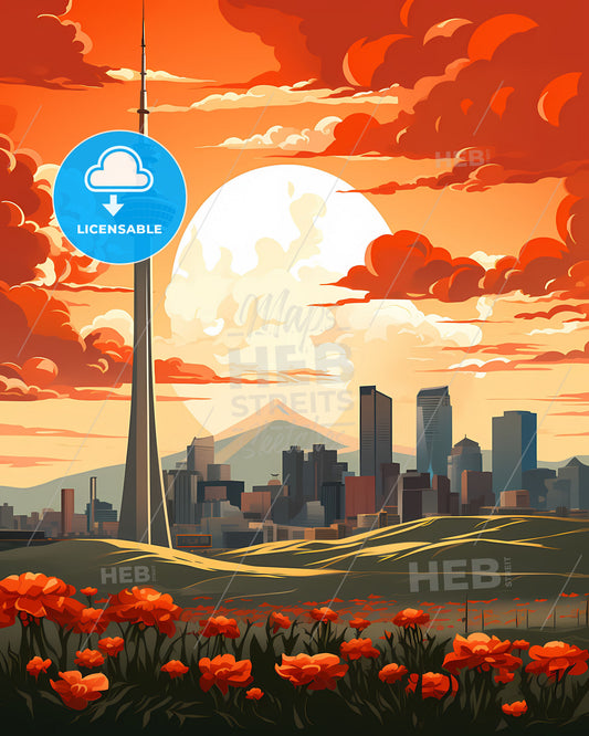 Vibrant City Skyline Painting with Tall Tower and Flowers