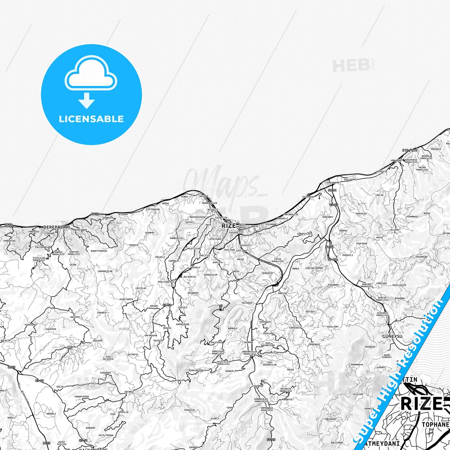 Rize, Turkey light map with streetnames, citynames and districts
